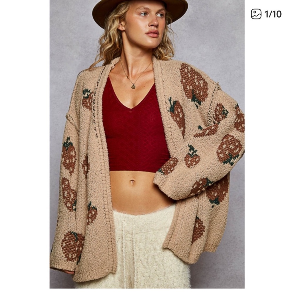 POL Tan Strawberry Print Cardigan